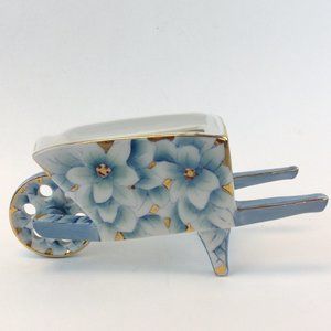 Vintage Shofu China Wheelbarrow Planter Blue/White Flowers w/Gold Made in Japan